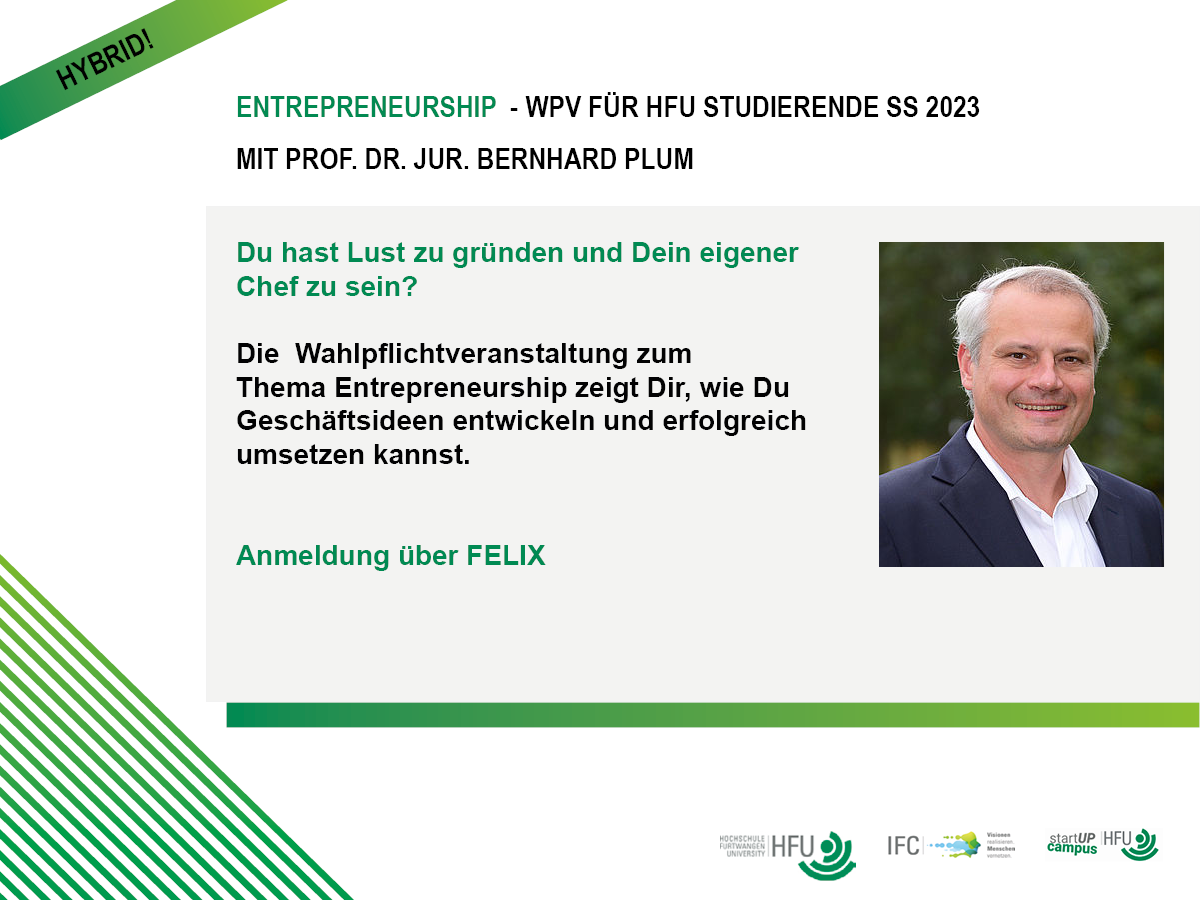 Flyer: Entrepreneurship - WPV für HFU Studierende SS 2023