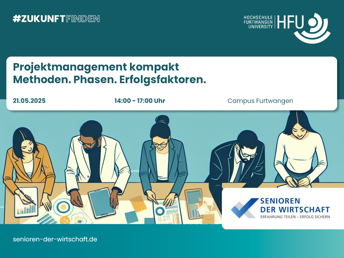 Flyer mir Abbildung: "Ein Gruppe von Menschen verschiedener Herkunft, darunter kaukasische, hispanische, schwarze und südasiatische Studierende und Professoren, arbeitet gemeinsam an einem Tisch. Auf dem Tisch liegen Diagramme, Charts und bunte Klebezettel verstreut, die Zusammenarbeit und Planung symbolisieren. Das Bild verwendet eine sanfte und professionelle Farbpalette, um eine ruhige und konzentrierte Umgebung zu schaffen, die Projektmanagement und agile Methoden darstellt."